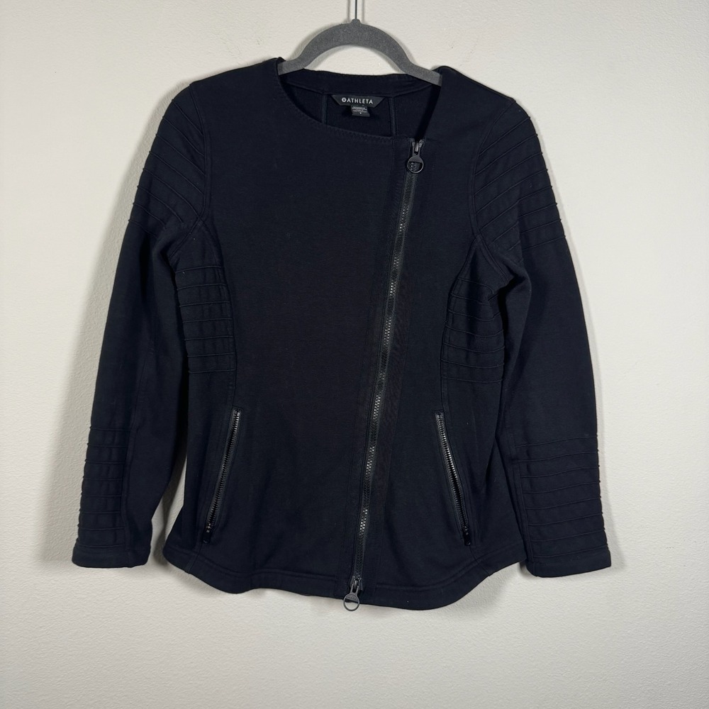 Athleta Moto Jacket Black Asymmetrical Zip Quilted Fleece Small SP